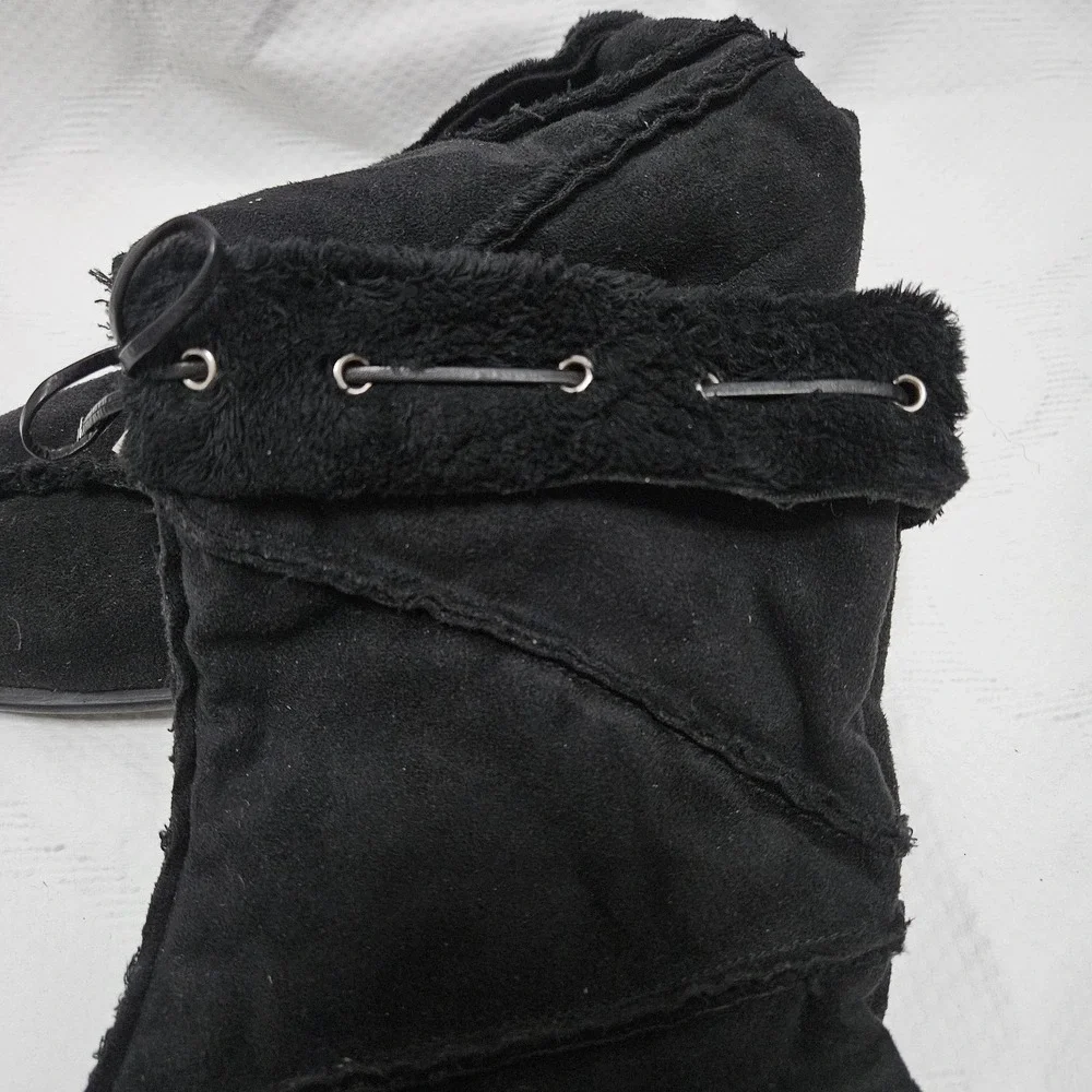 Vaneli Boots Womens 6M Black Suede Faux Fur Trim Mid Calf Winter Textured Sole